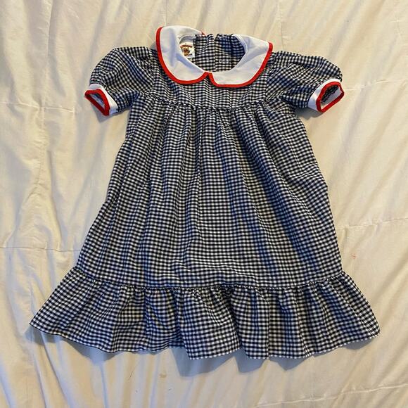Vintage Winnie The Pooh Dress 2T Black White Gingham Pinafore USA Made Lace - Picture 12 of 16